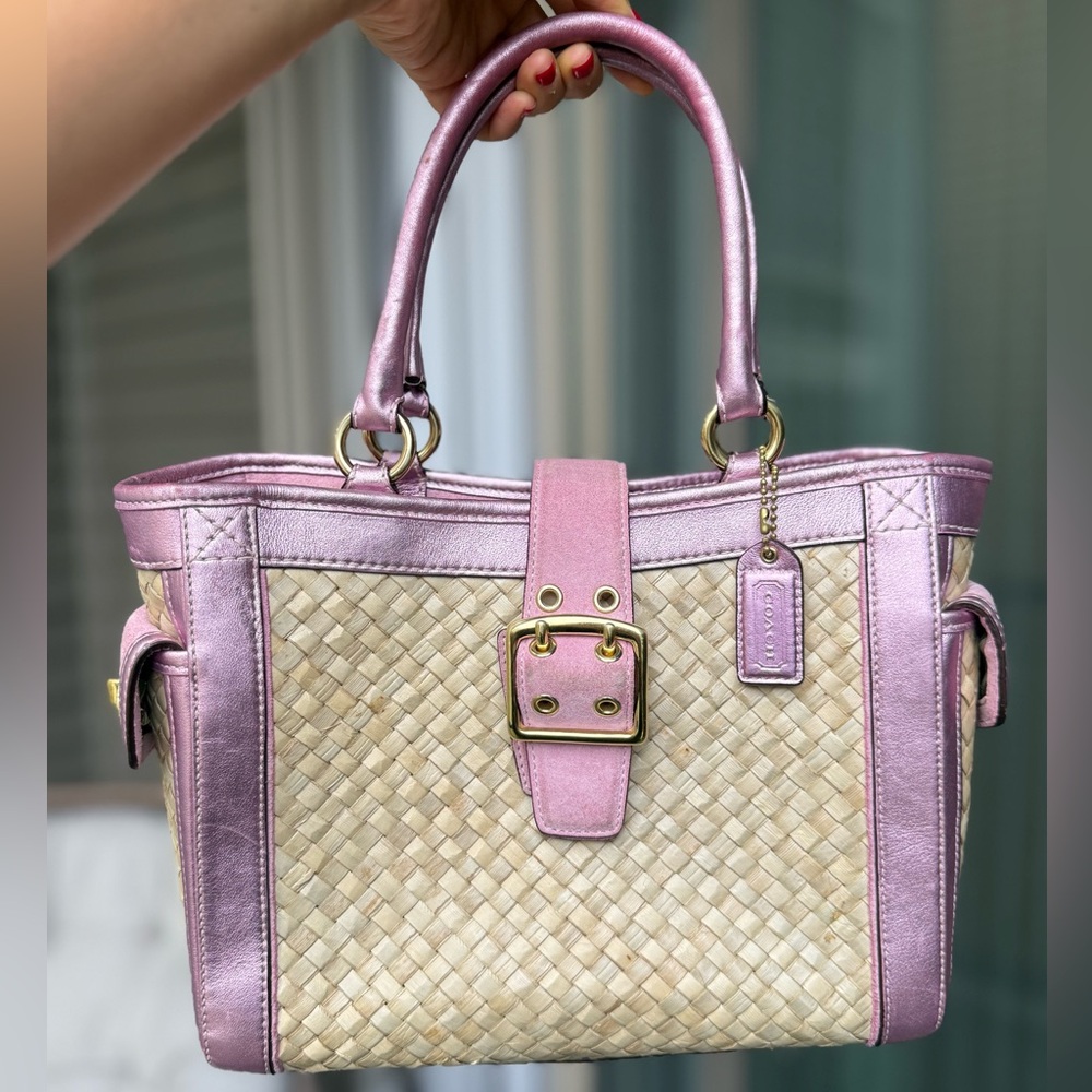 Vintage Coach Straw and Pink Leather Tote Bag Woven Satchel RARE